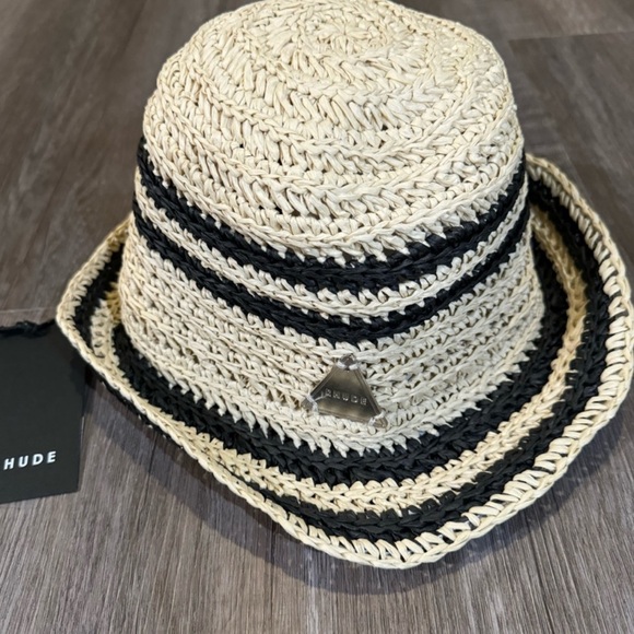 Rhude Straw Bucket Adjustable Hat Tan Black Triangle Plated Logo